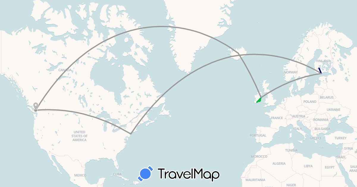 TravelMap itinerary: driving, bus, plane, hiking in Canada, Finland, Ireland, Iceland, United States (Europe, North America)